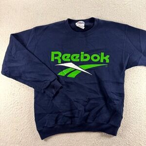 Vintage 90s Reebok Sweatshirt Boys Large (14/16) Blue Spellout Logo Fleece Lined
